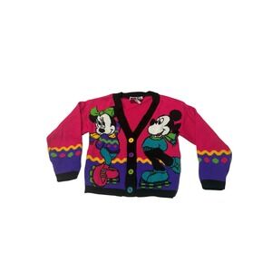 Vintage Y2K Disney Mickey Minnie Mouse Roller Skating Cardigan Sweater Pink Kids
